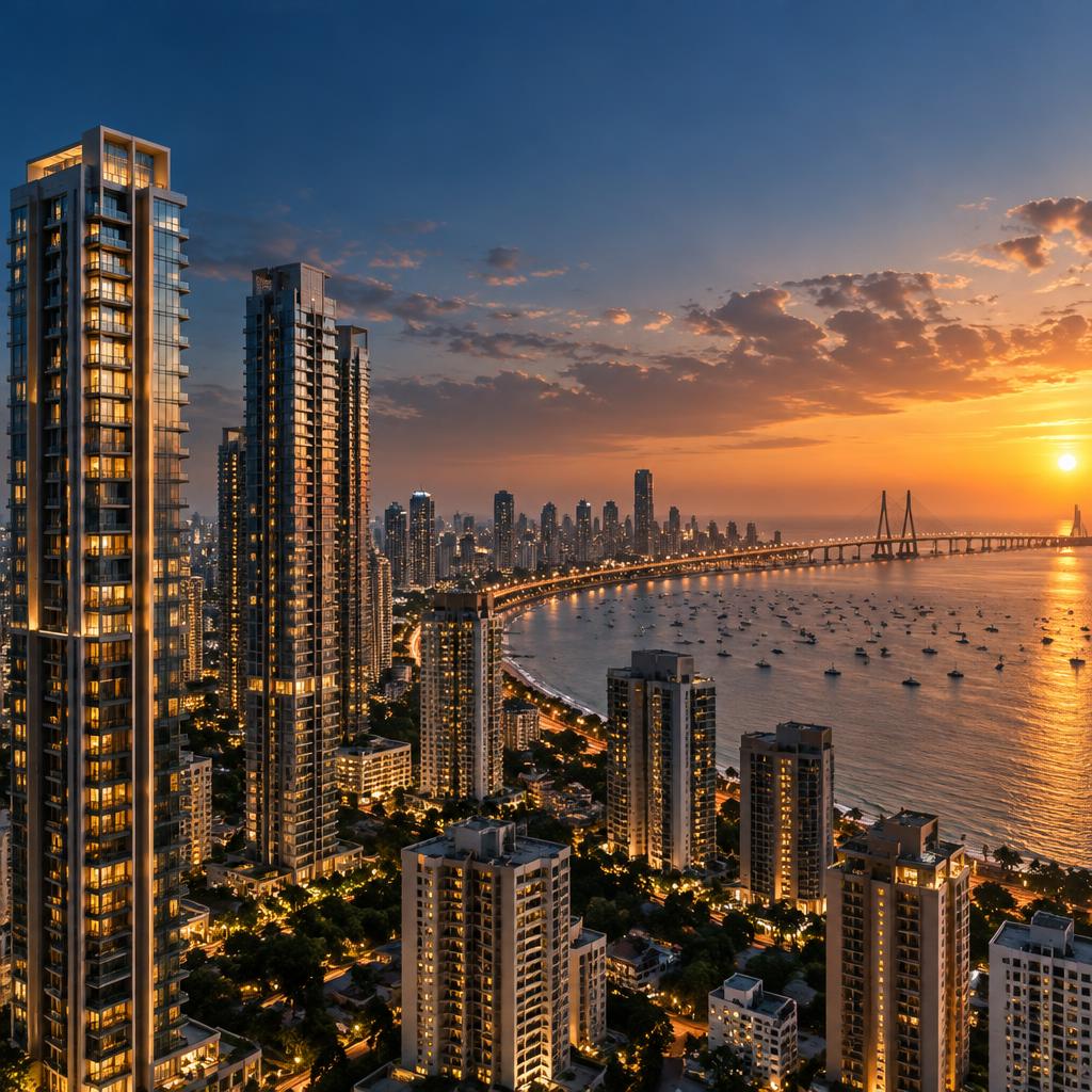 Mumbai skyline and harbor at sunset