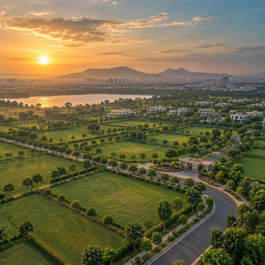 Green estate land beside a growing city