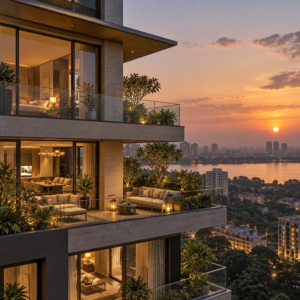 Modern residence overlooking the city at sunset